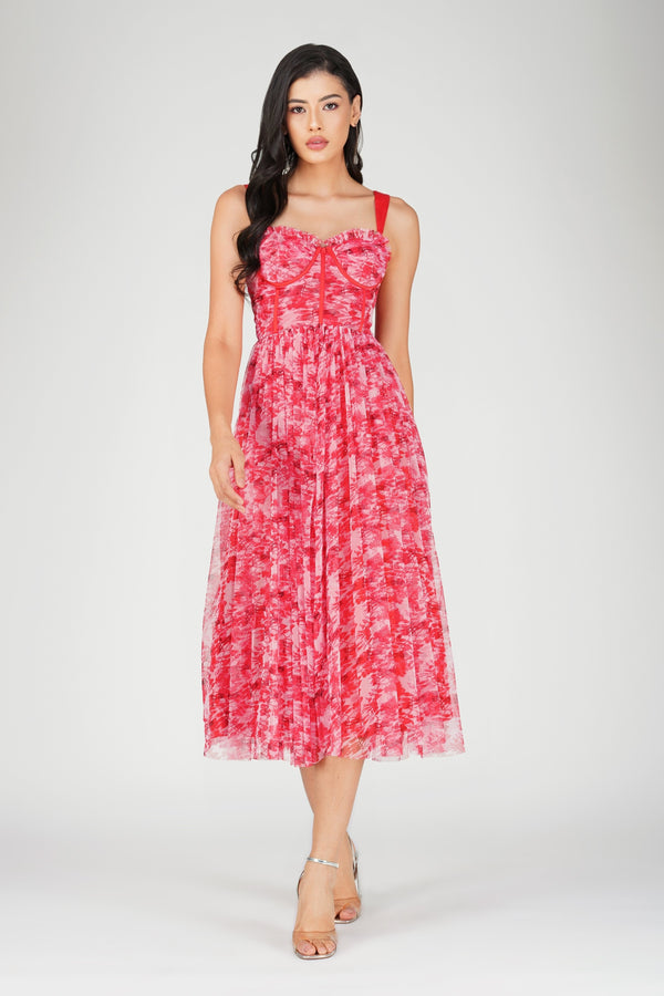lace & beads Dane Red Printed Corset Midi Dress