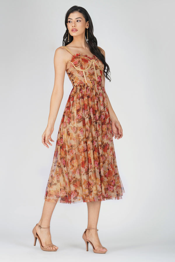 Lace & Beads Dane Rose Floral Corset Midi Dress