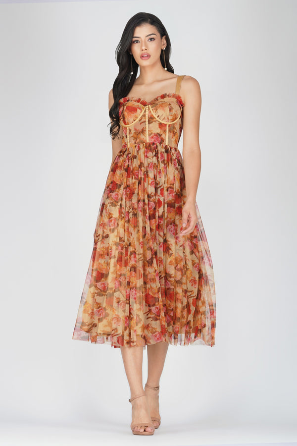 lace & beads Dane Rose Floral Corset Midi Dress