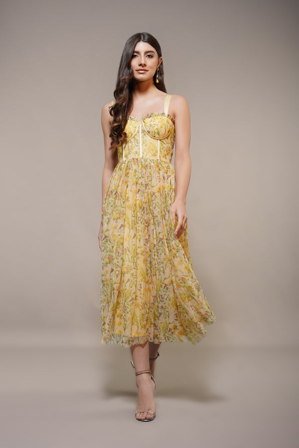 Lace & Beads Dane Yellow Floral Corset Midi Dress