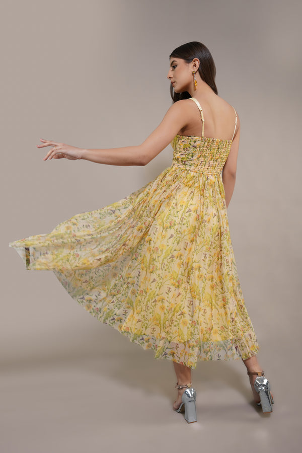 Lace & Beads Dane Yellow Floral Corset Midi Dress