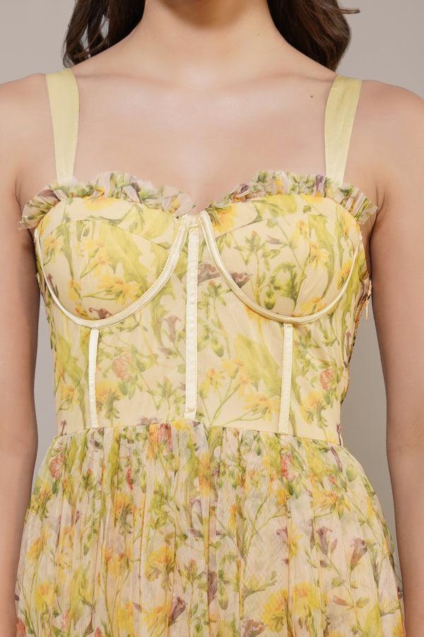 Lace & Beads Dane Yellow Floral Corset Midi Dress
