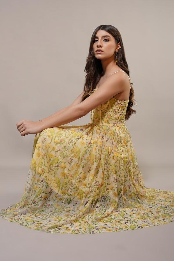 lace & beads Dane Yellow Floral Corset Midi Dress
