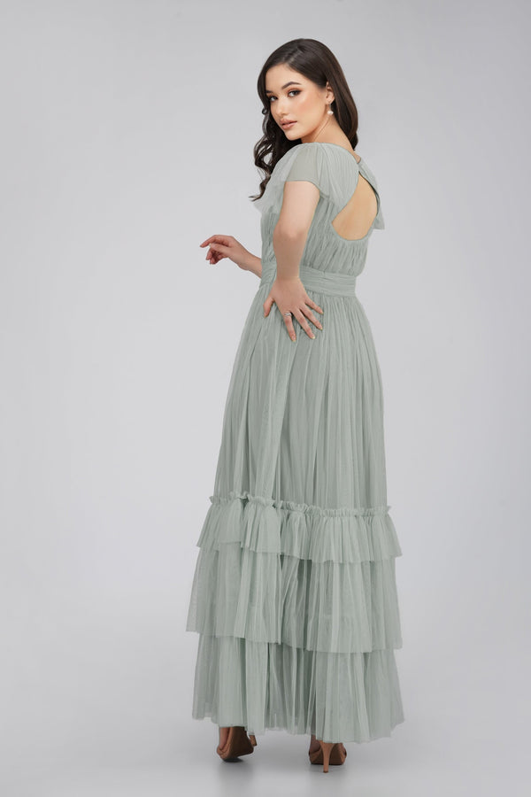 Lace & Beads Diva Tulle Maxi Dress In Dark Sage