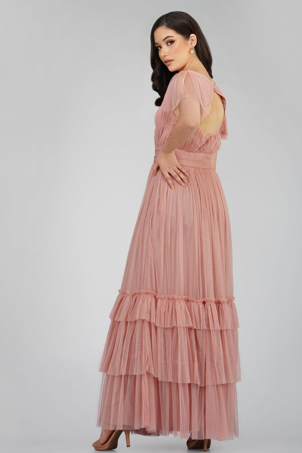 Lace & Beads Diva Tulle Maxi Dress In Mink