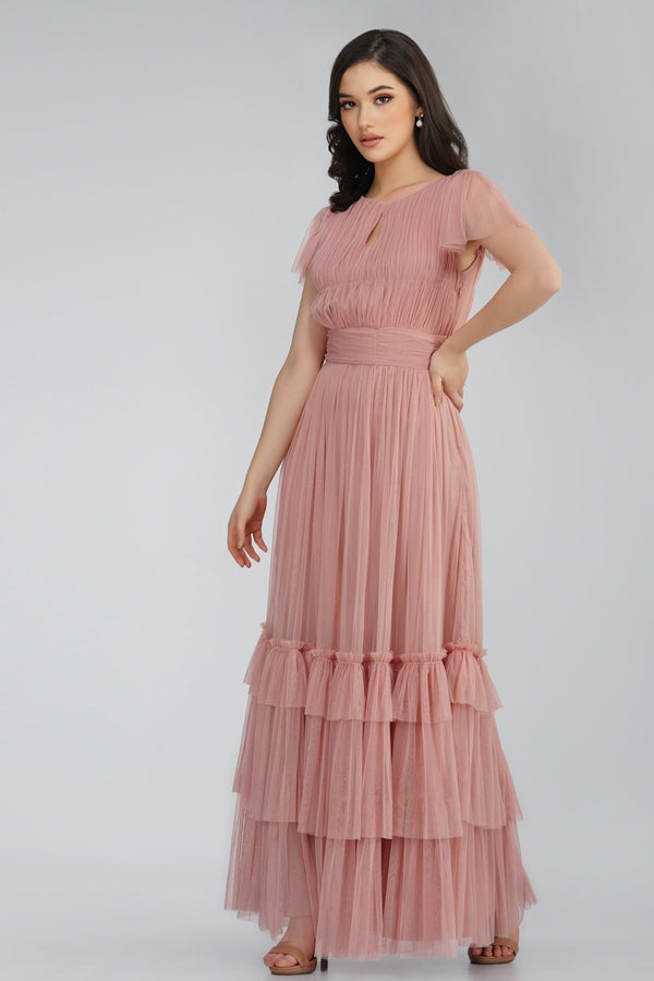 Lace & Beads Diva Tulle Maxi Dress In Mink