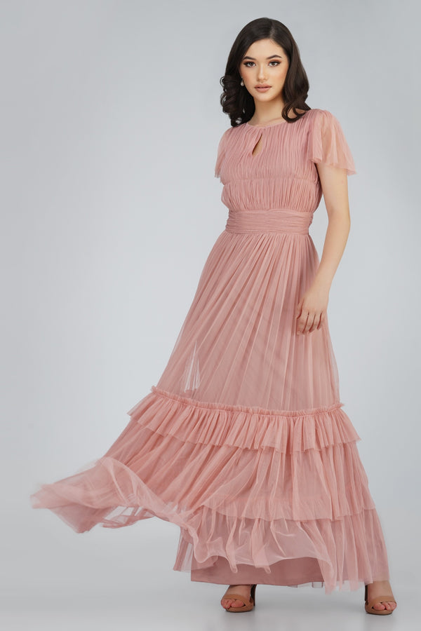 lace & beads Diva Tulle Maxi Dress in Mink