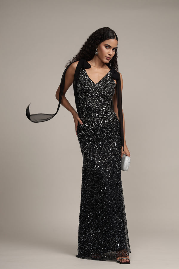 lace & beads Dream Embellished Maxi Dress in Black