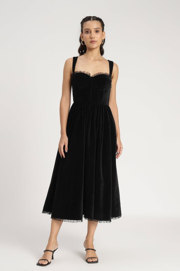 Lace & Beads Dune Black Velvet Midi Dress