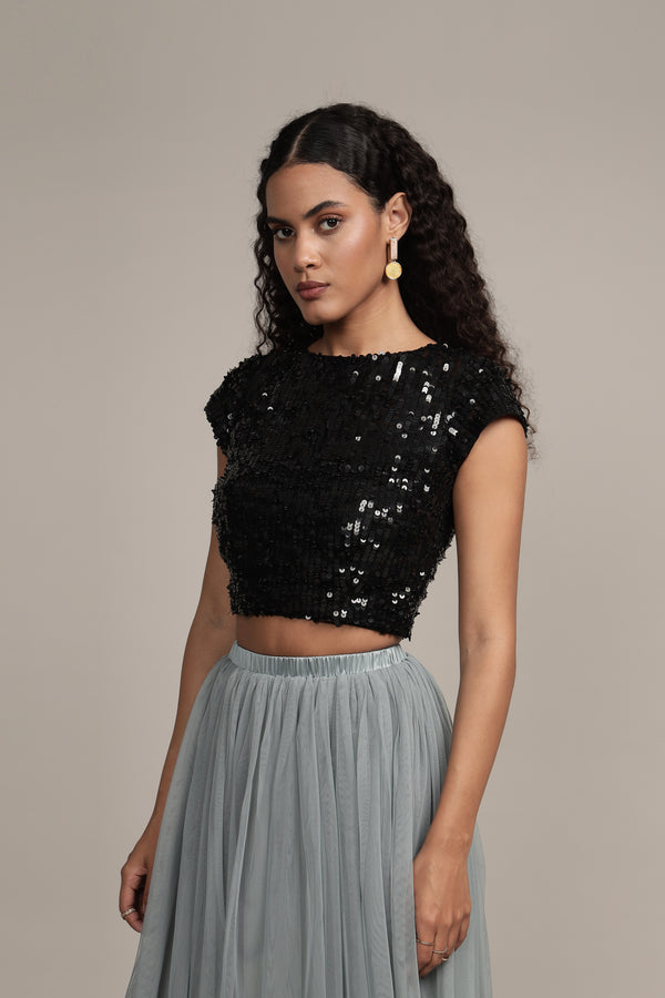 Lace & Beads Elaine Black Sequin Top