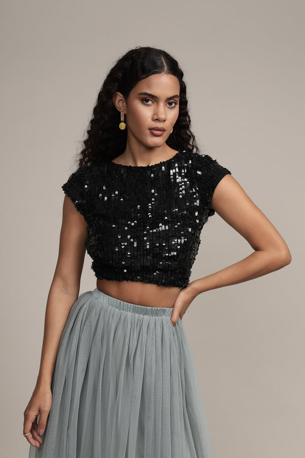 lace & beads Elaine Black Sequin Top