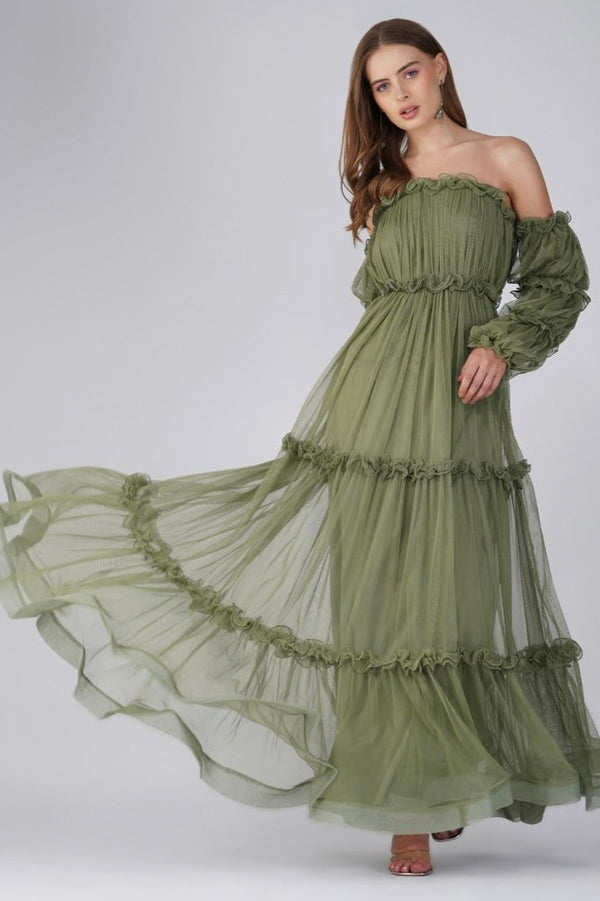 lace & beads Emmeline Maxi Dress in Soft Olive