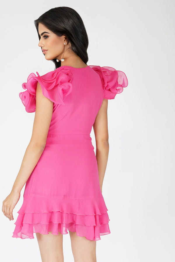 Lace & Beads Fairy Flutter Sleeve Mini Dress In Pink