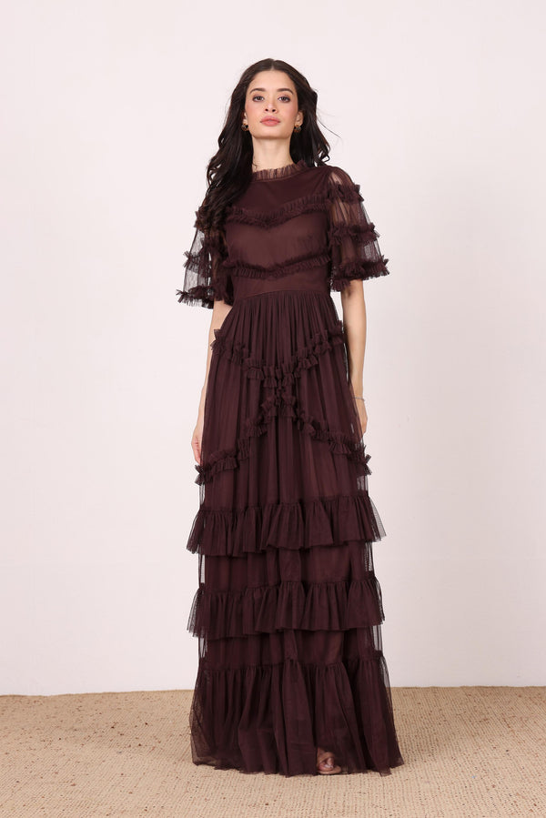 Lace & Beads Florine Maxi Dress In Chocolate Plum