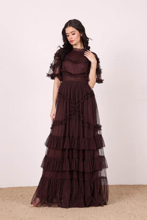 lace & beads Florine Maxi Dress in Chocolate Plum