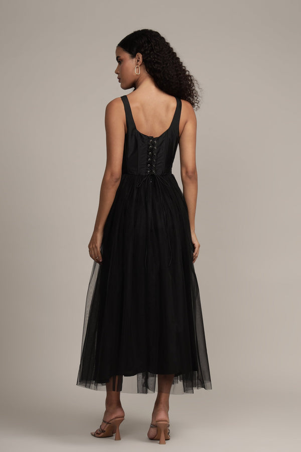 Lace & Beads Gaela Mesh Midi Dress In Black
