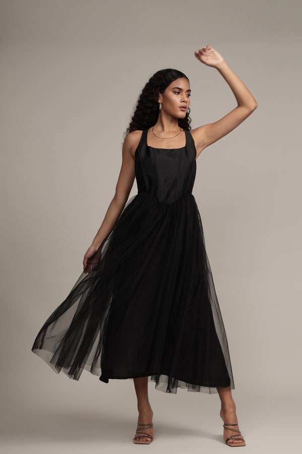 Lace & Beads Gaela Mesh Midi Dress In Black