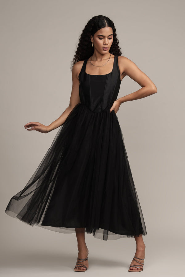 lace & beads Gaela Mesh Midi Dress in Black