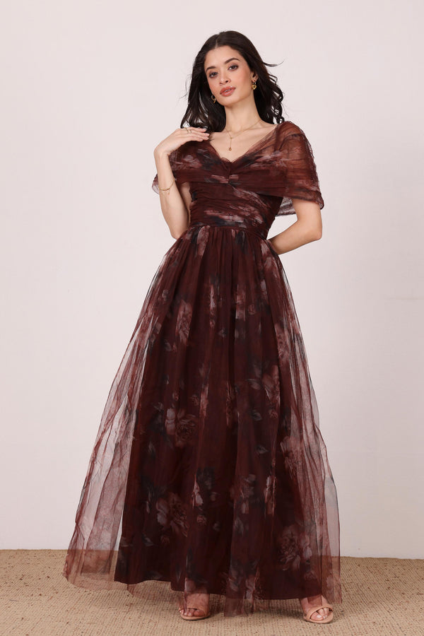 Lace & Beads Gillian Maxi Dress In Mocha Plum Floral