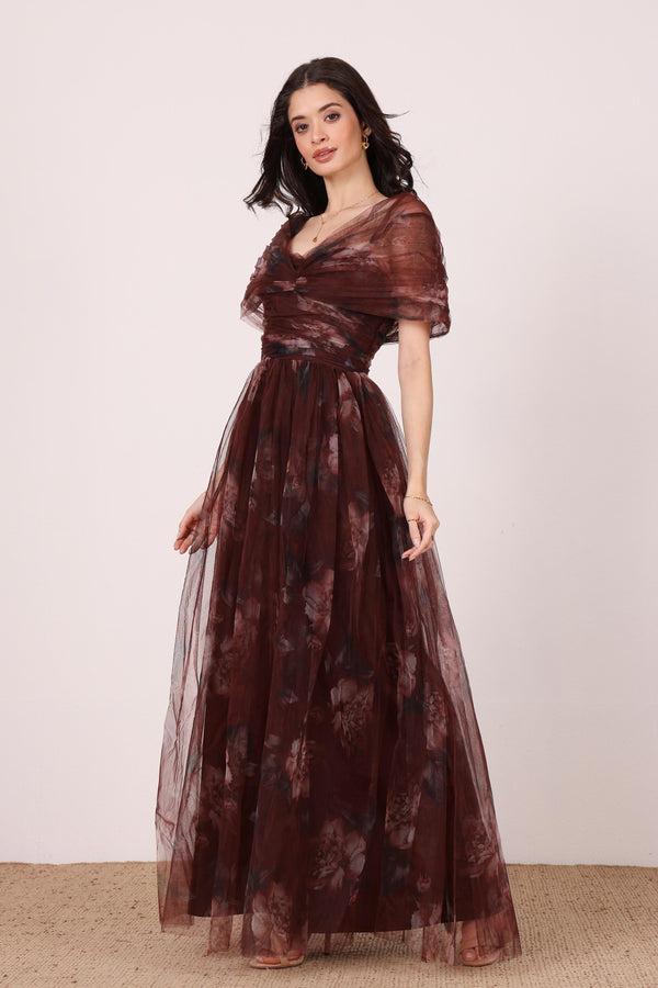 lace & beads Gillian Maxi Dress in Mocha Plum Floral