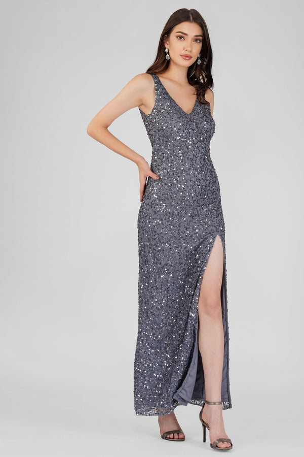 Lace & Beads Greyson Grey Sequin Maxi Dress