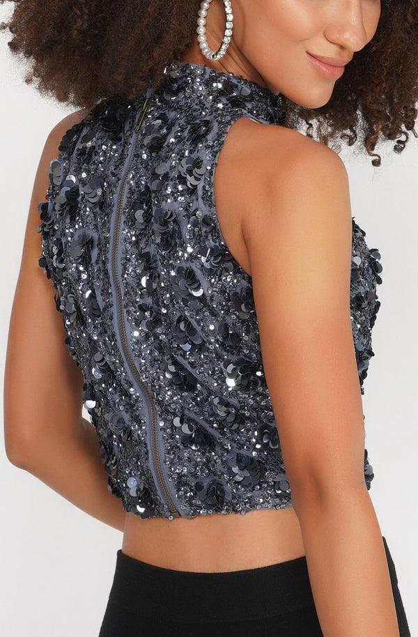 Lace & Beads Gui Charcoal Grey Sequin Top