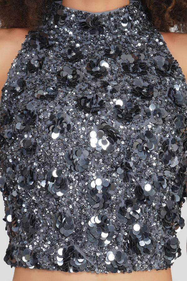 Lace & Beads Gui Charcoal Grey Sequin Top