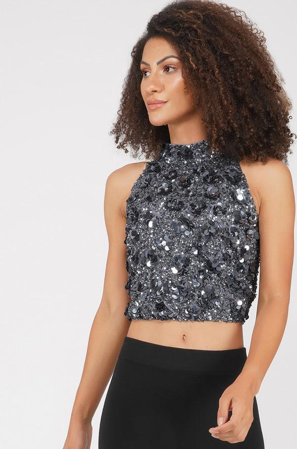 lace & beads Gui Charcoal Grey Sequin Top