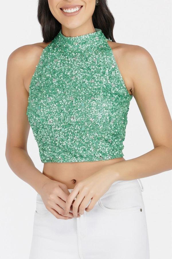 Lace & Beads Gui Pastel Green Sequin Top