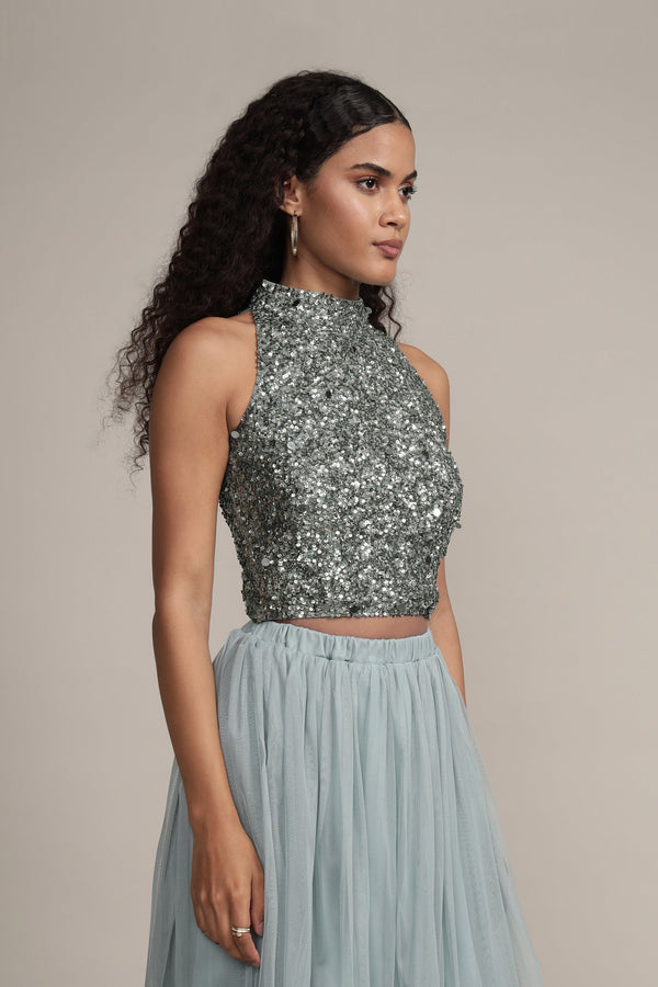 Lace & Beads Gui Picasso Teal Sequin Top