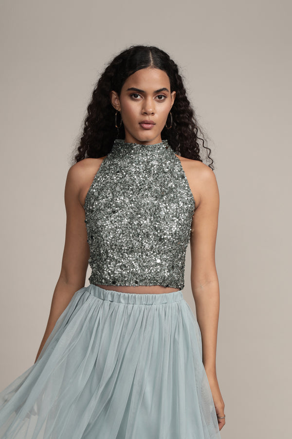 Lace & Beads Gui Picasso Teal Sequin Top