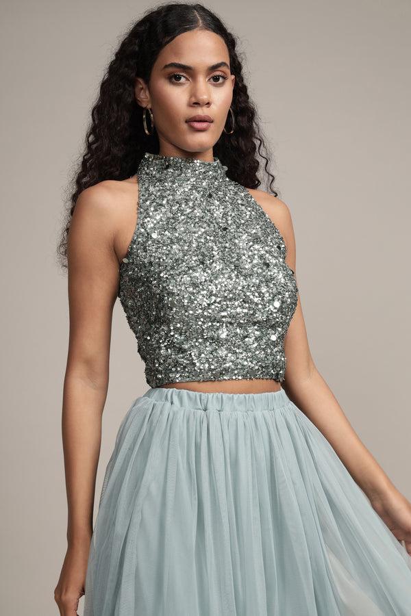 Lace & Beads Gui Picasso Teal Sequin Top