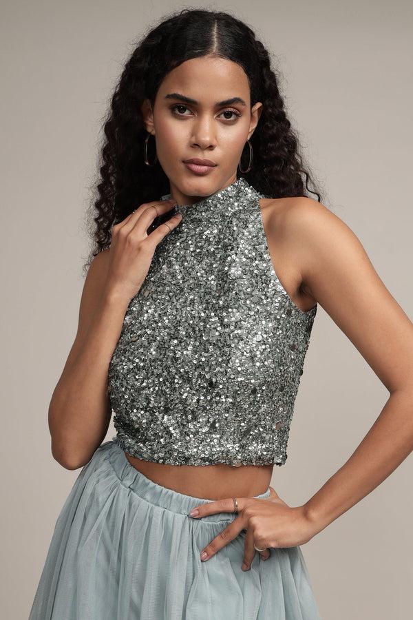 lace & beads Gui Picasso Teal Sequin Top