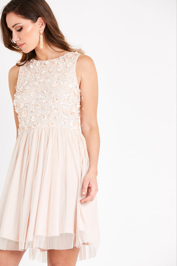 Lace & Beads Hazel Blush Embellished Skater In Nude