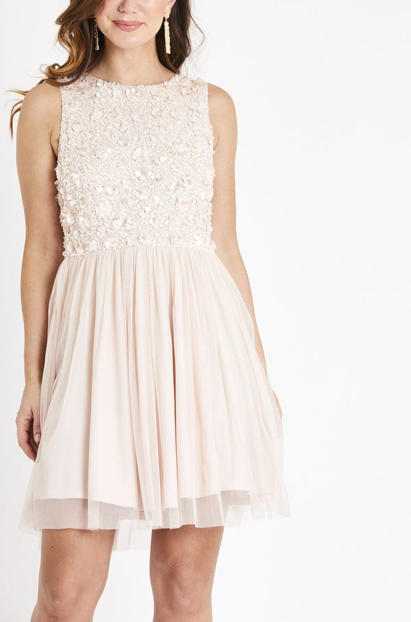 lace & beads Hazel Blush Embellished Skater in Nude