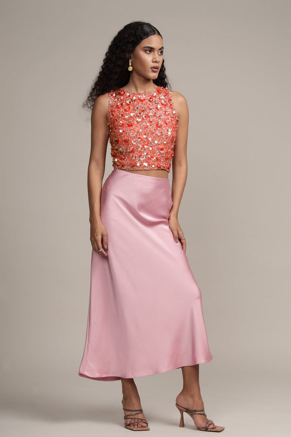 Lace & Beads Hazel Embellished Top In Coral