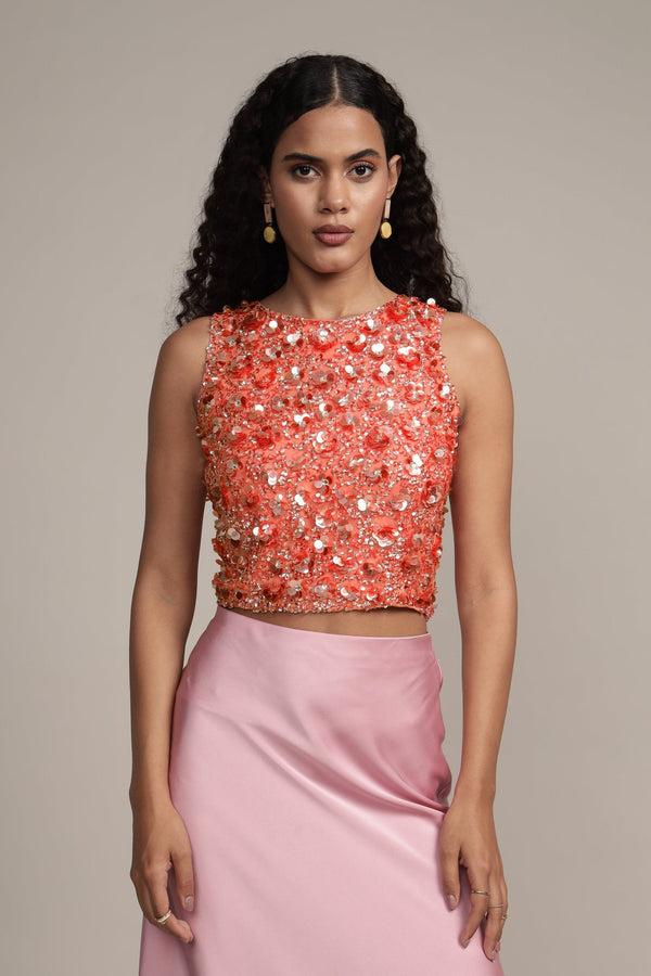 Lace & Beads Hazel Embellished Top In Coral