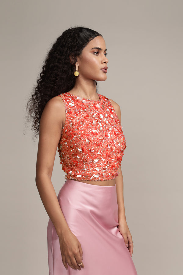 Lace & Beads Hazel Embellished Top In Coral