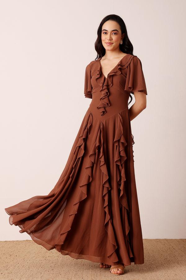 Lace & Beads Hertia Maxi Dress In Mocha Brown