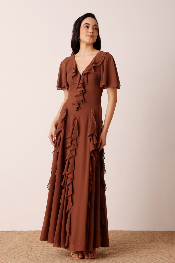 lace & beads Hertia Maxi Dress in Mocha Brown