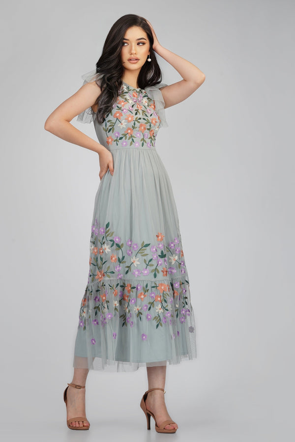 Lace & Beads Iris Dusty Blue Embroidered Dress