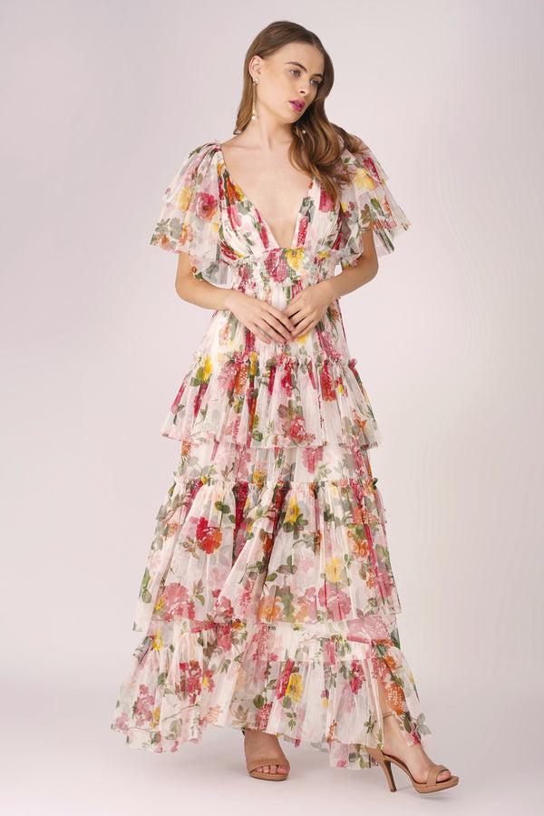 Lace & Beads Jasmine Maxi Dress In Floral Print