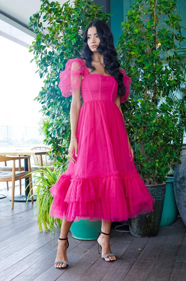 lace & beads Jayne Bright Pink Midi Dress