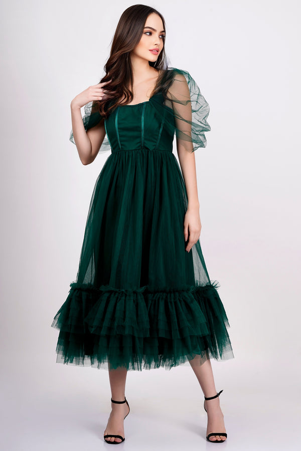 Lace & Beads Jayne Emerald Green Tulle Midi Dress