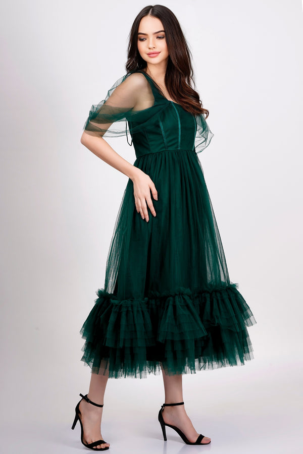 Lace & Beads Jayne Emerald Green Tulle Midi Dress