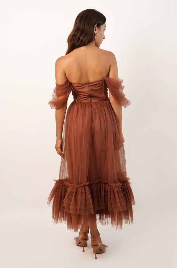 Lace & Beads Jayne Merlot Tulle Midi Dress