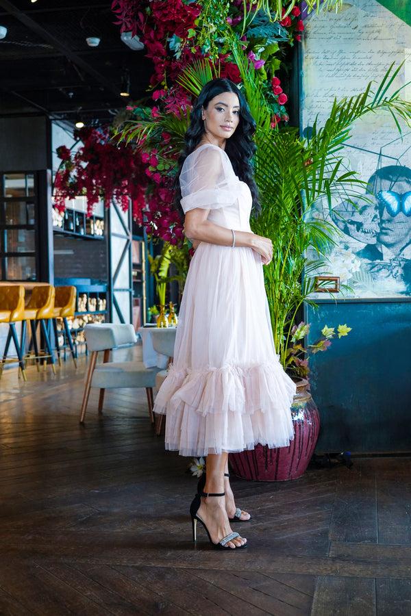 Lace & Beads Jayne Nude Tulle Midi Dress