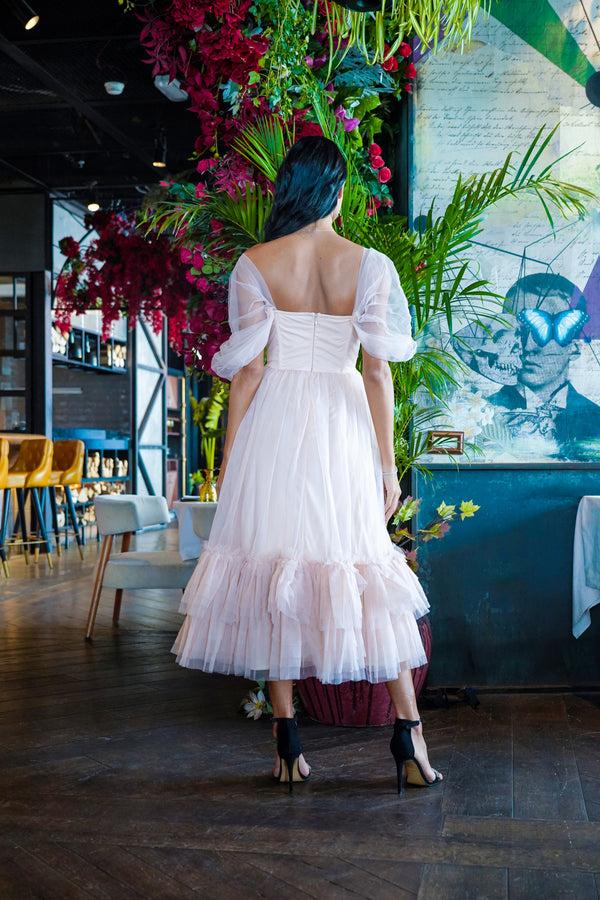 Lace & Beads Jayne Nude Tulle Midi Dress