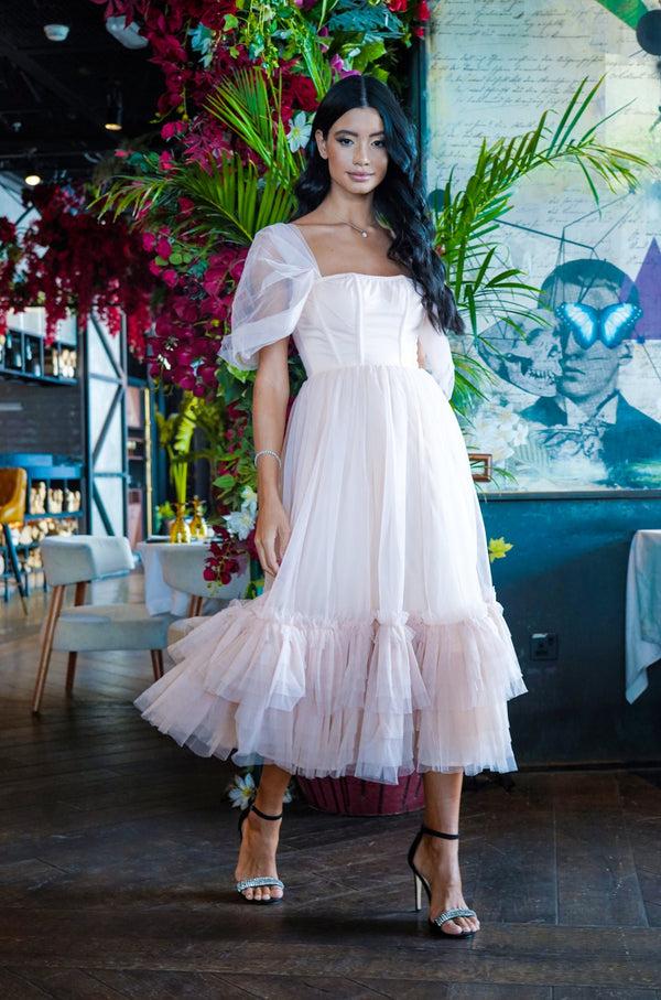 lace & beads Jayne Nude Tulle Midi Dress