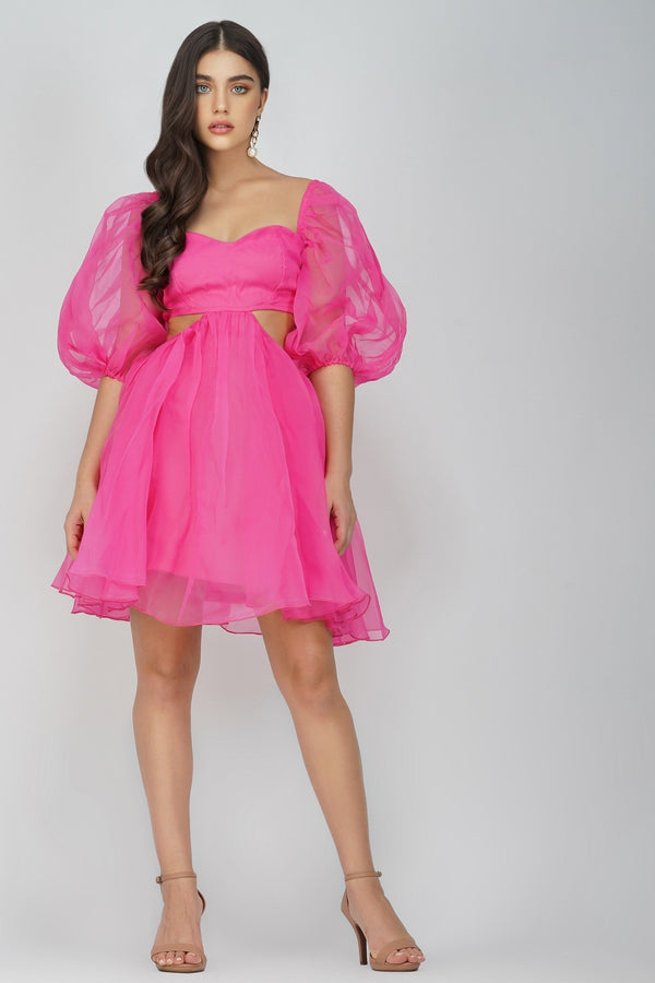 Lace & Beads Katja Bright Pink Puff Sleeve Dress
